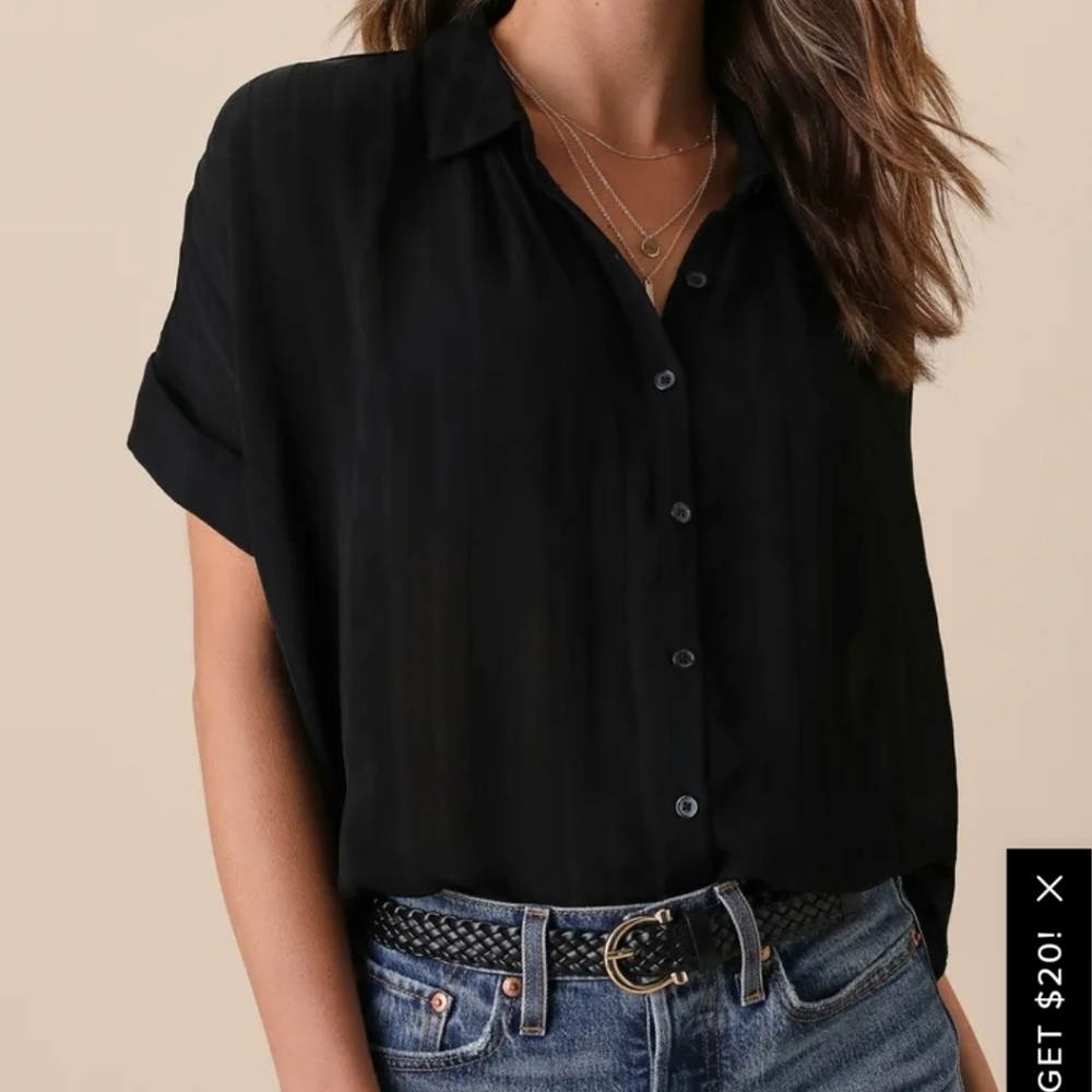 Lulu's Everlee black viscose striped button-up short sleeve top sz S oversized